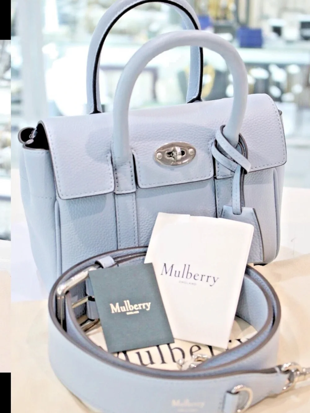Mulberry Light Blue Leather Top-Handle Satchel with Detachable Strap